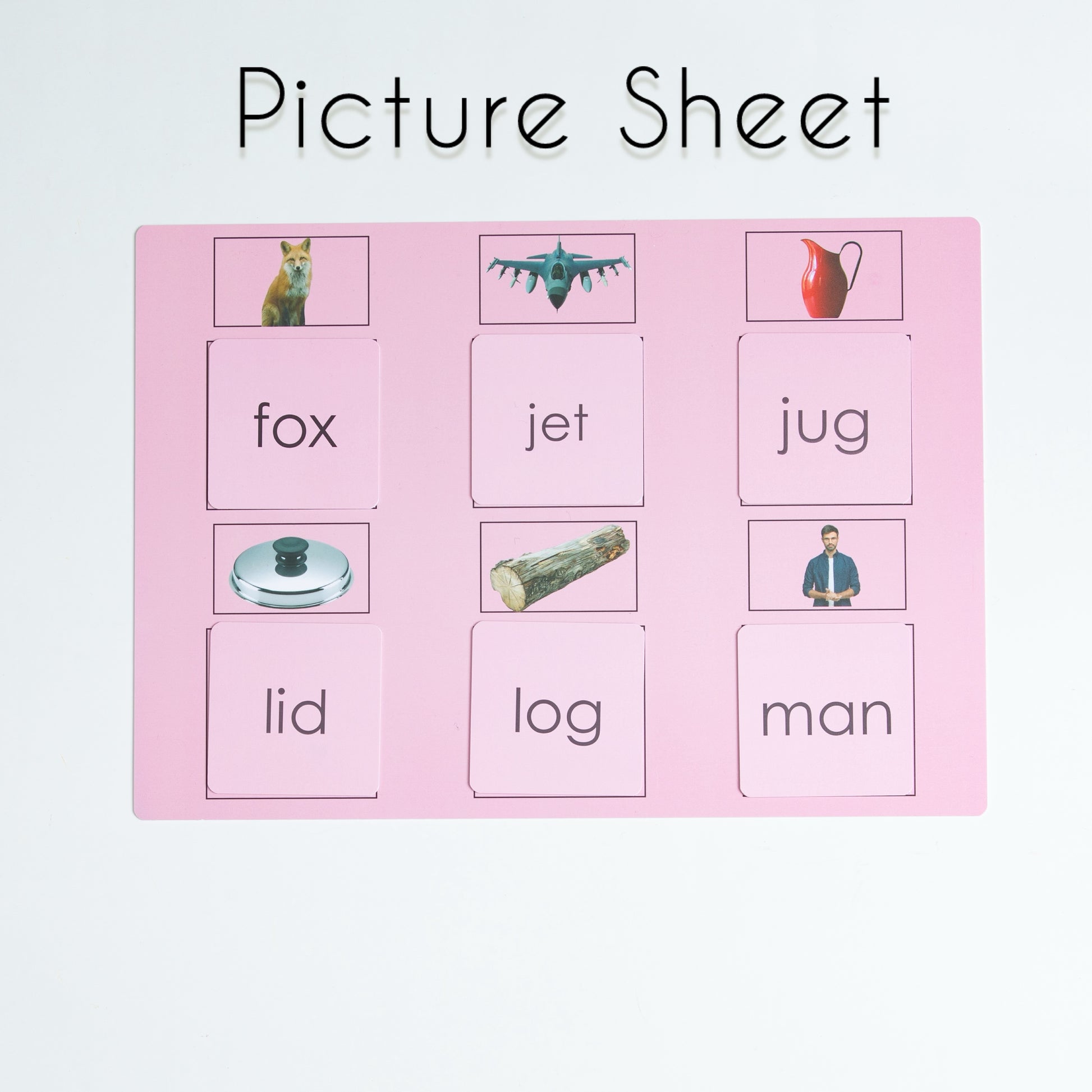 Montessori Pink Series picture sheet with phonetic CVC word cards for matching early reading vocabulary.