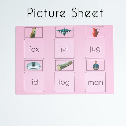 Montessori Pink Series picture sheet with phonetic CVC word cards for matching early reading vocabulary.