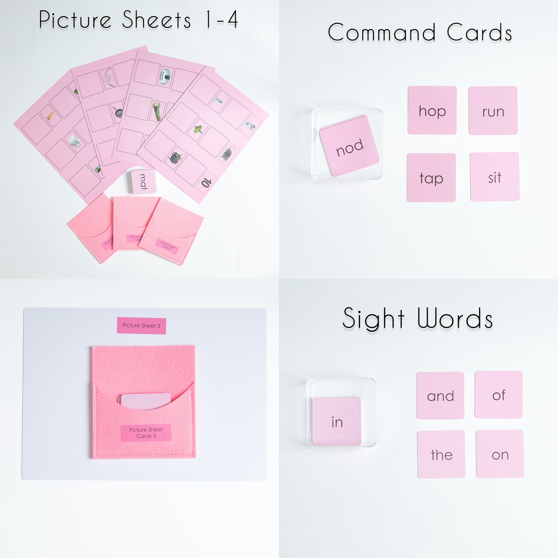 Montessori Pink Series picture sheets, command cards, and matching phonetic word cards for early reading practice.