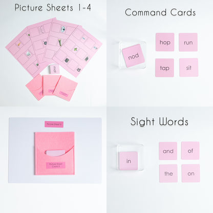 Montessori Pink Series picture sheets, command cards, and matching phonetic word cards for early reading practice.