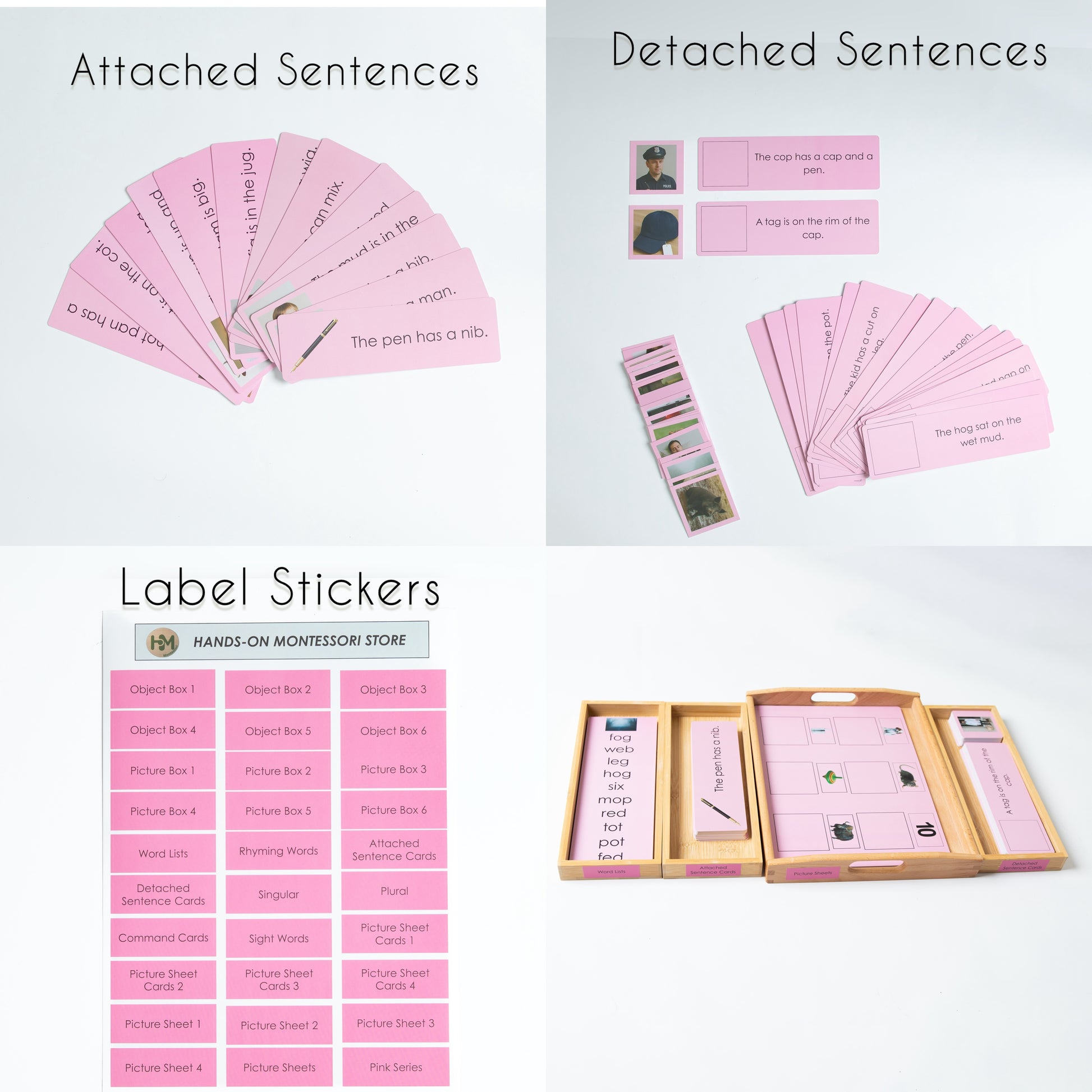 Montessori Pink Series attached and detached sentence strips with picture cues for reading comprehension.