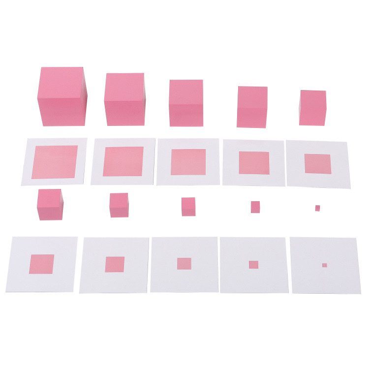 Montessori Pink Tower Control Cards arranged with corresponding pink cubes in size order for visual matching.
