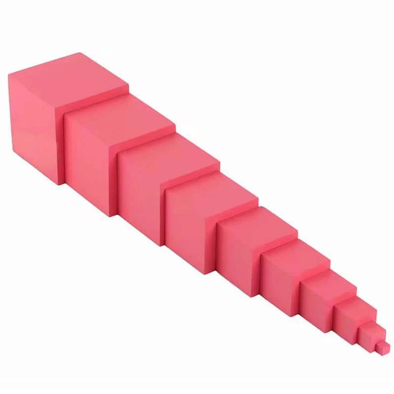 Montessori pink tower with ten graduated wooden cubes for visual size discrimination