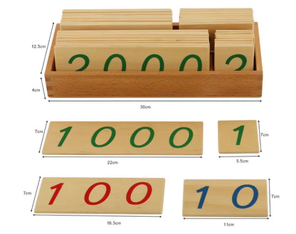 Montessori place value number cards with dimensions displayed for units, tens, hundreds, and thousands