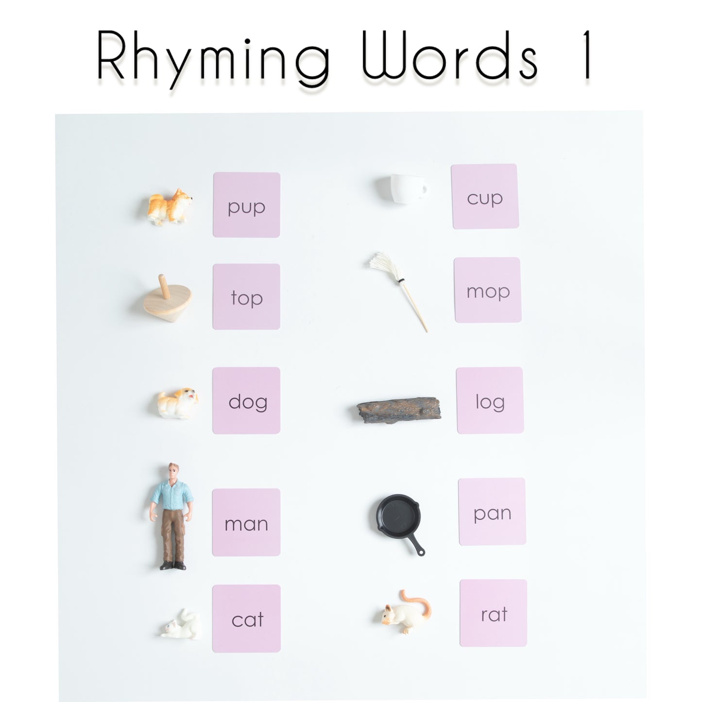 Montessori Pink Series rhyming words matching set with CVC word cards and miniature objects for phonics and early reading classroom work