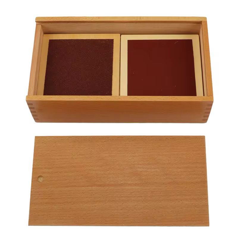 Montessori rough and smooth boards stored inside wooden box