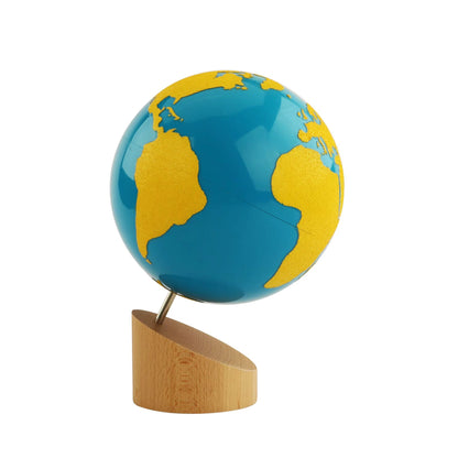 Montessori sandpaper globe with textured continents and smooth oceans mounted on a wooden base for tactile geography learning