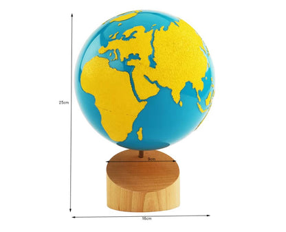 Montessori sandpaper globe with size and dimension markings showing globe height, base width, and overall proportions