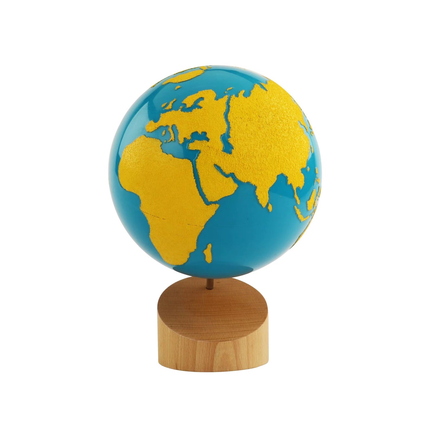 Montessori sandpaper globe front view displaying continents in yellow sand texture on a blue ocean surface with wooden stand