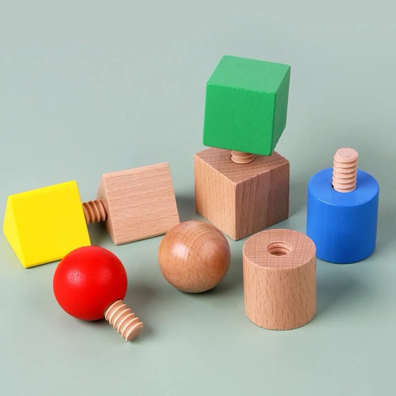 Montessori wooden screw and nut toy with cube, cylinder, and ball shapes for hand-eye coordination