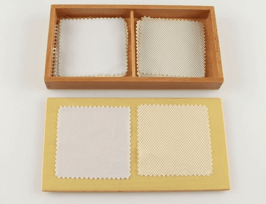 Montessori second fabric box with two textured fabric swatches for tactile discrimination learning