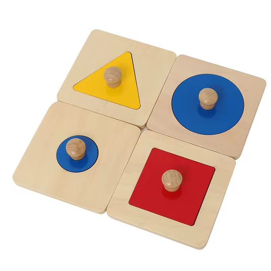 Montessori shapes puzzle set with big circle, small circle, square and triangle for toddler visual discrimination and fine motor development
