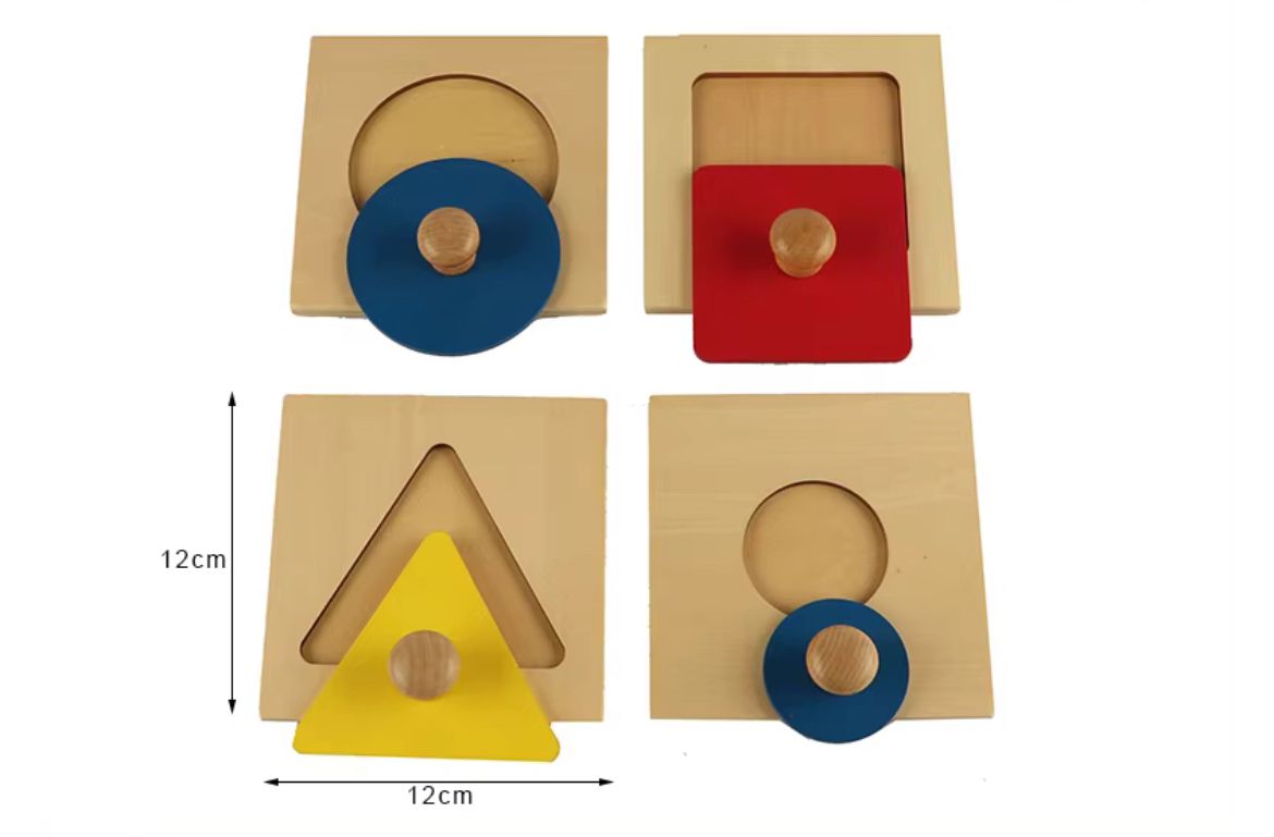 Montessori shapes puzzle boards showing size dimensions for toddler shape recognition and spatial awareness