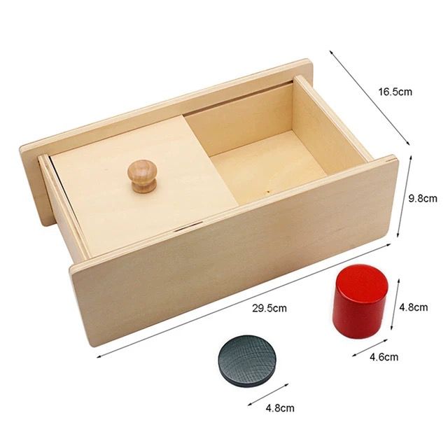 Montessori wooden sliding lid box showing size dimensions with disc and cylinder for toddler fine motor development