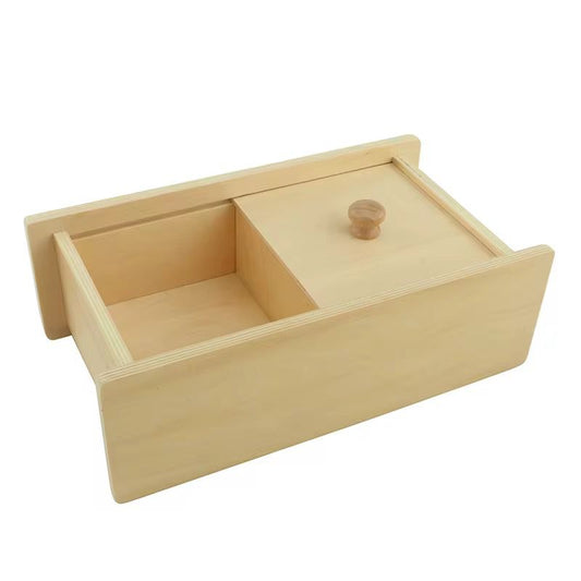 Montessori wooden box with sliding lid for toddler refinement of hand movements and fine motor control
