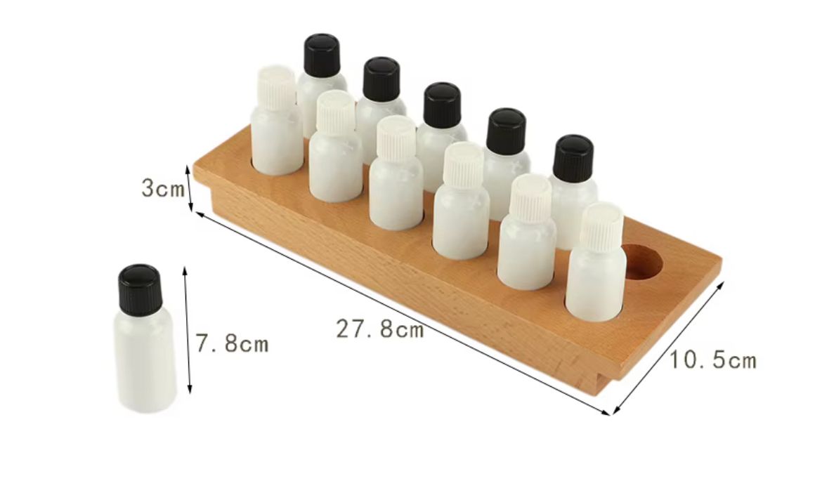 Montessori smelling bottles set with size and measurement diagram