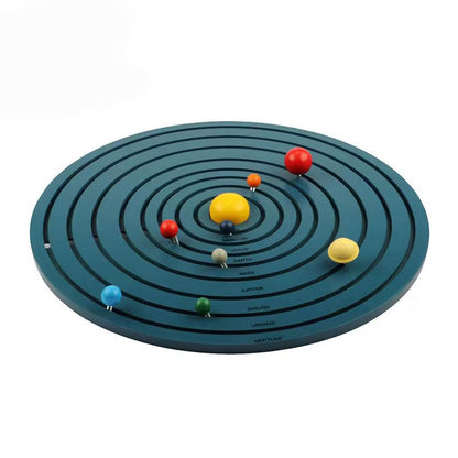 Montessori solar system board showing 3D wooden planets arranged on concentric orbits for hands-on astronomy learning