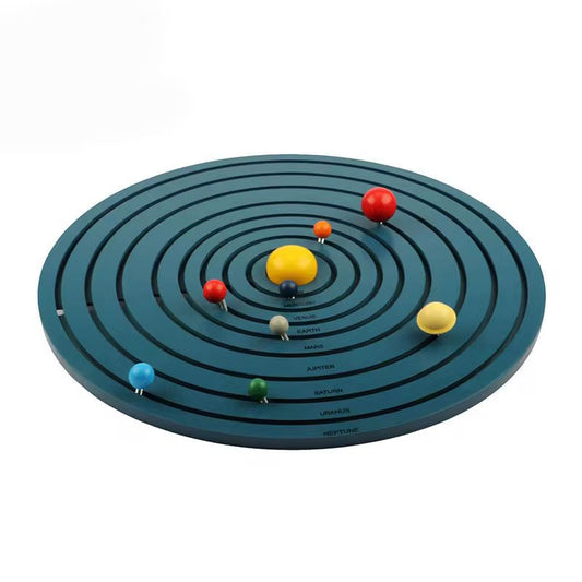 Montessori solar system board showing 3D wooden planets arranged on concentric orbits for hands-on astronomy learning