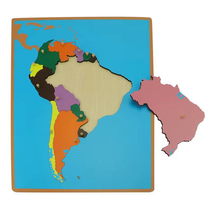 Montessori South America puzzle map with a country piece removed to support hands-on continent and country exploration