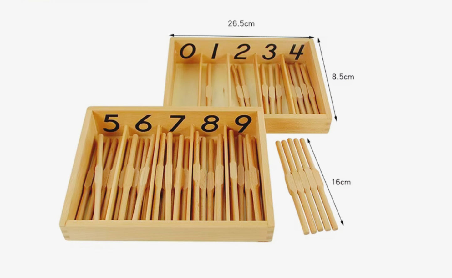 Montessori spindle box dimension chart showing numbered compartments and 45 wooden spindles with measurements.
