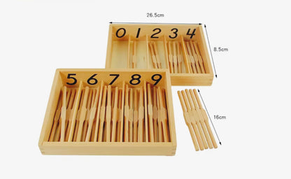 Montessori spindle box dimension chart showing numbered compartments and 45 wooden spindles with measurements.