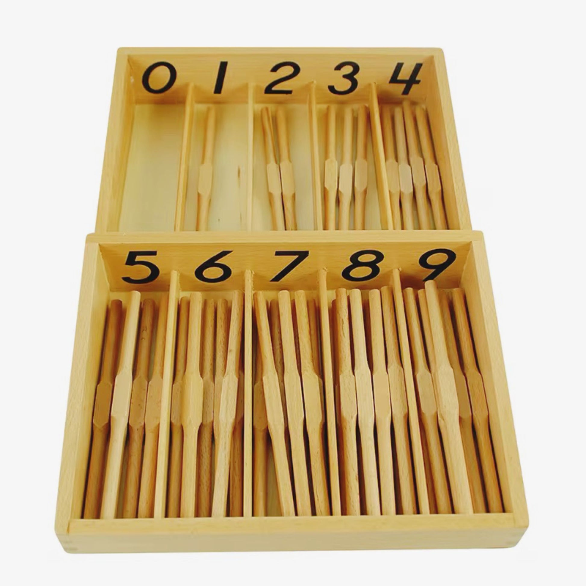 Two-tray Montessori spindle box set with compartments labeled 0–9 filled with wooden counting spindles.