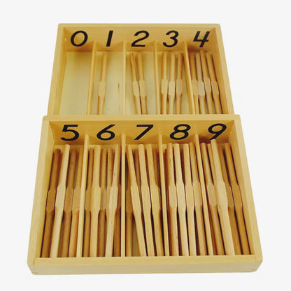 Two-tray Montessori spindle box set with compartments labeled 0–9 filled with wooden counting spindles.