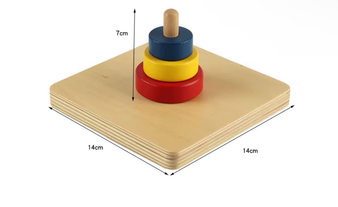 Montessori stacking discs on vertical dowel showing size dimensions for toddler fine motor development