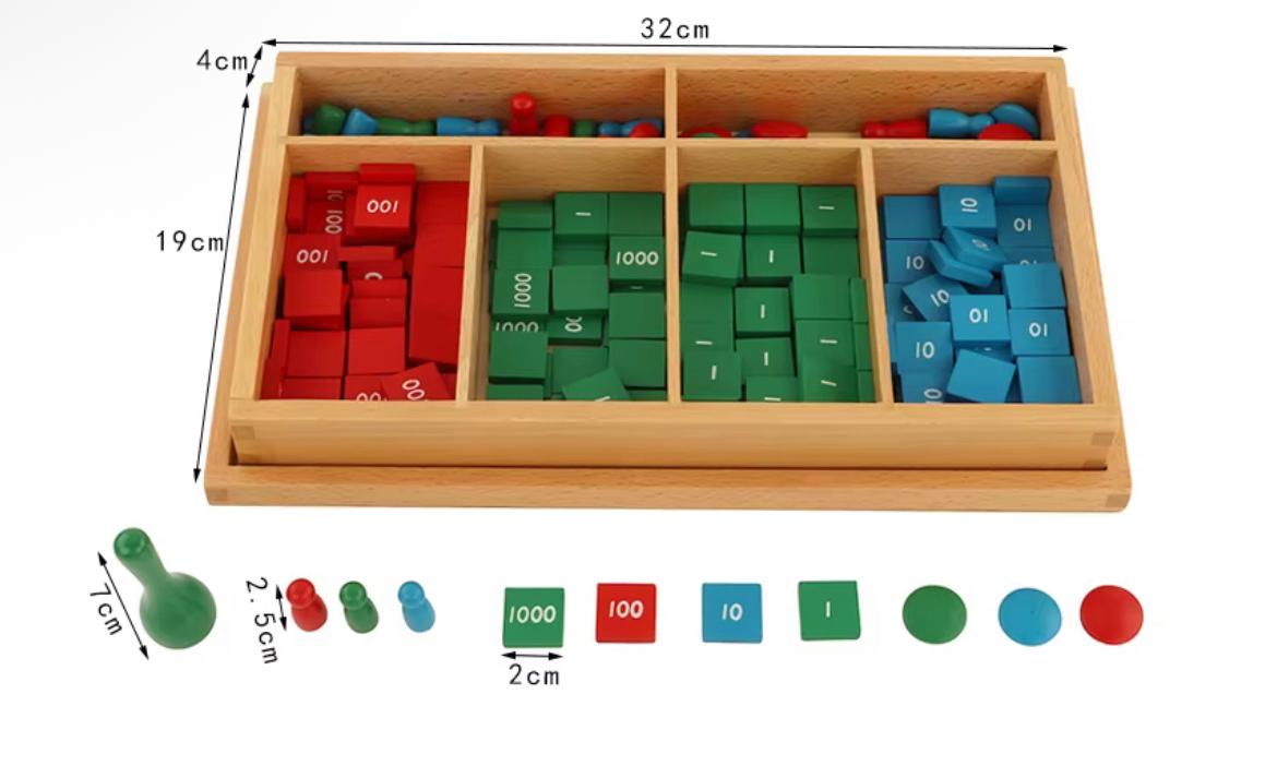 Montessori Stamp Game with measurement guide displaying dimensions of the wooden box, skittles, number tiles, and counters.