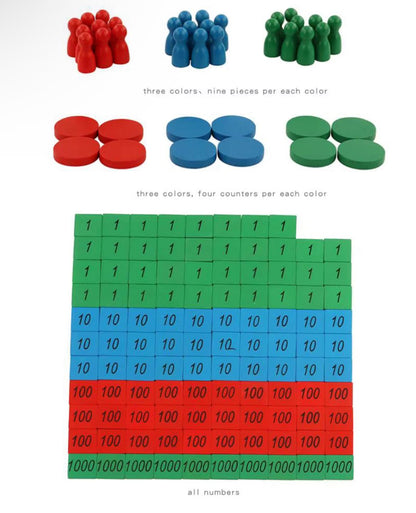 Montessori Stamp Game components displayed separately, including number tiles, colored counters, and skittles in three colors