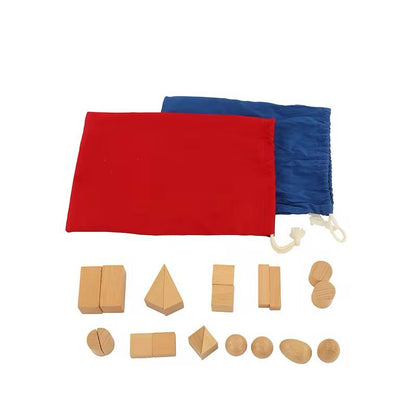 Montessori stereo gnostic mystery bag with wooden geometric solids and red and blue fabric bags