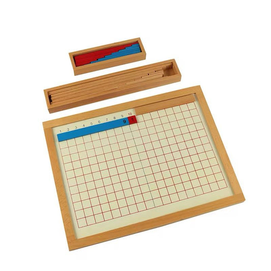 Montessori Subtraction Strip Board with wooden frame, red and blue number strips, and control chart for hands-on subtraction practice.