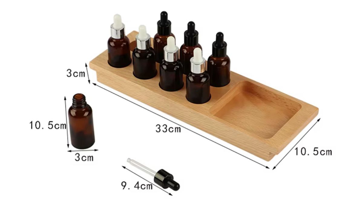 Montessori tasting bottles with wooden tray showing product size and measurements