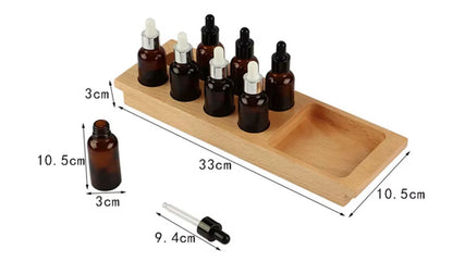 Montessori tasting bottles with wooden tray showing product size and measurements