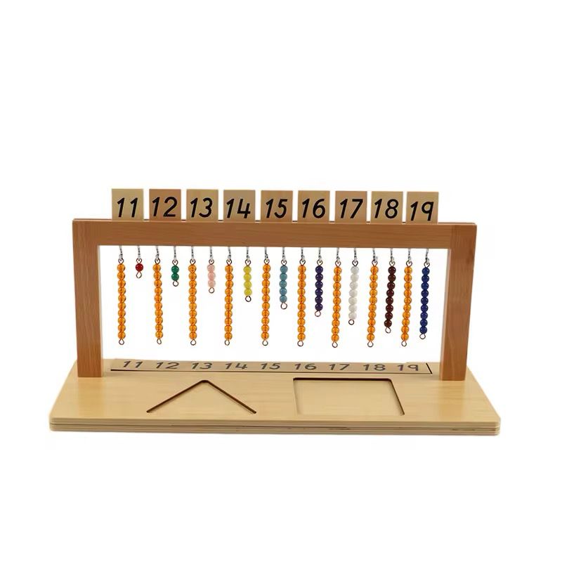 Montessori teen bead hanger displaying colored bead bars for numbers 11 to 19 with corresponding wooden number cards on top.