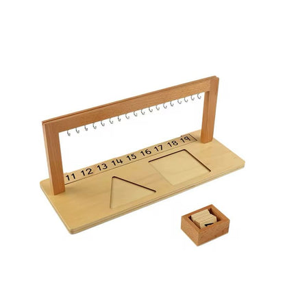 Angled view of the Montessori teen bead hanger set, including the wooden stand, hooks, and number cards from 11 to 19.