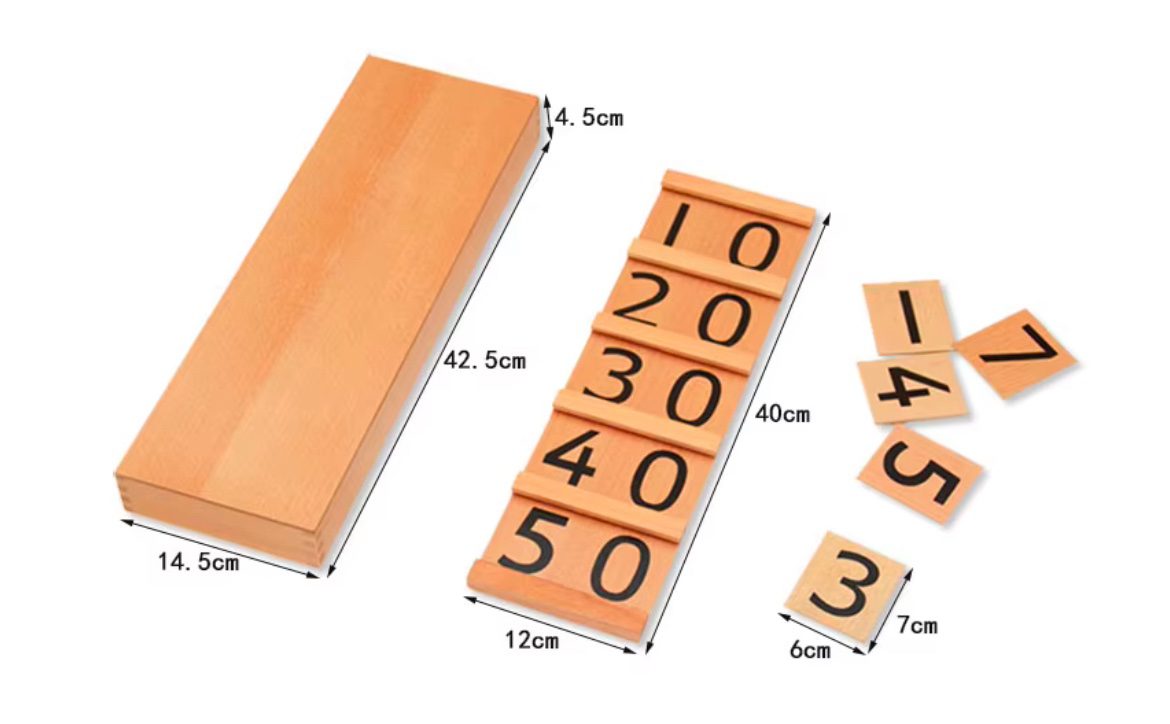 Montessori Teen and Ten Boards set with measurement details showing wooden tens boards, unit tiles, and storage box dimensions.