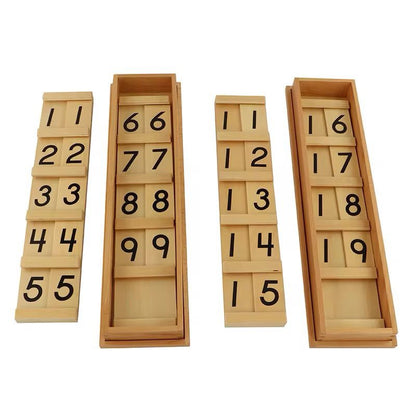 Montessori Teen and Ten Boards set showing wooden number tiles arranged in trays for teaching numbers 11–99.