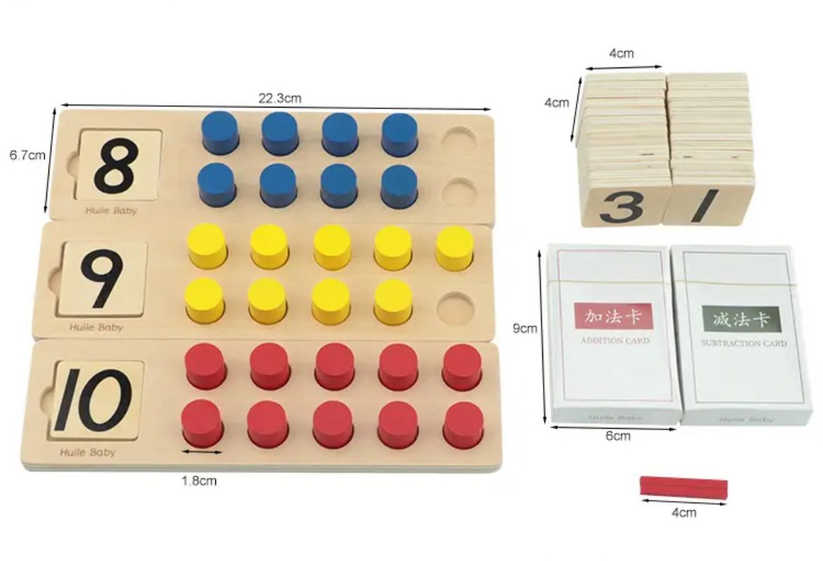 Montessori ten frame math material with size dimensions, number cards, and addition and subtraction cards
