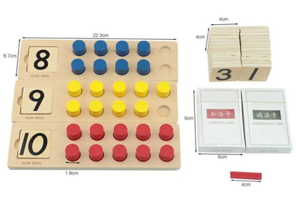 Montessori ten frame math material with size dimensions, number cards, and addition and subtraction cards