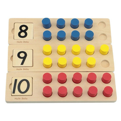 Wooden Montessori ten frame number boards showing numbers 8, 9, and 10 with colored counting pegs