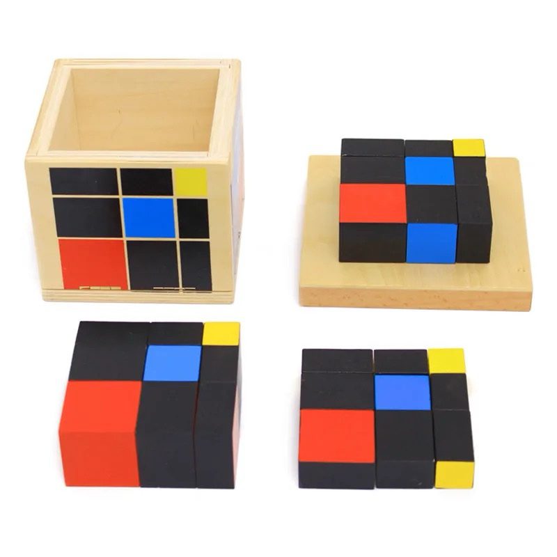 Montessori Trinomial Cube pieces separated and shown with the wooden box and base board.
