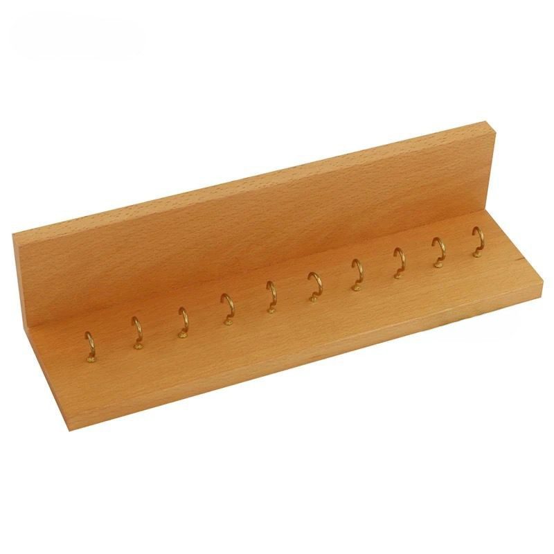 Wooden wall-mounted Montessori frame with multiple hooks for displaying short bead chains.