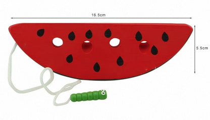 Montessori watermelon lacing activity showing size dimensions for toddler hand eye coordination and motor planning