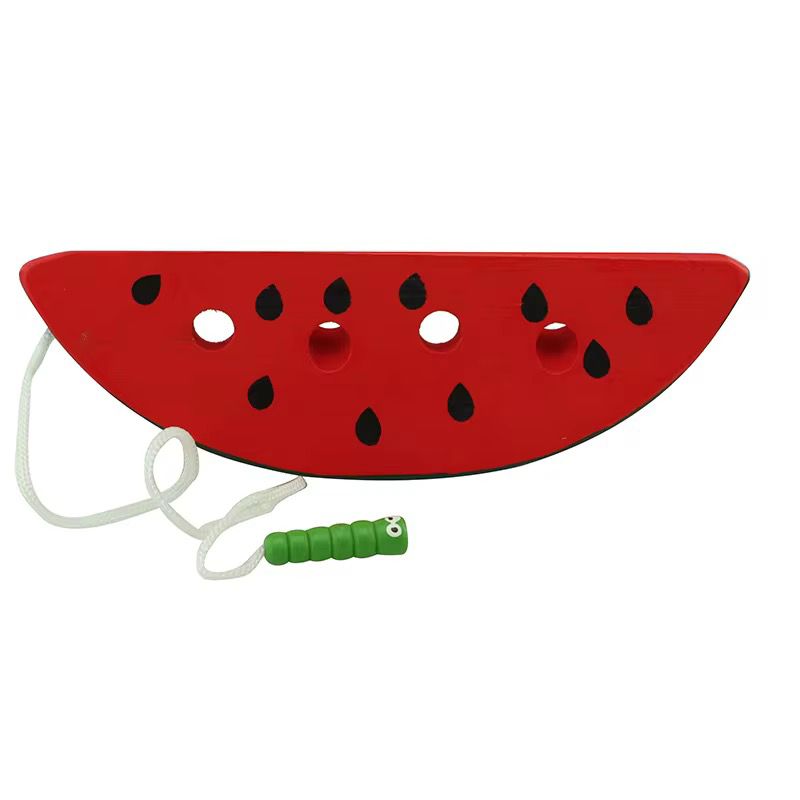 Montessori watermelon lacing activity with threading cord for toddler hand strength and eye hand coordination