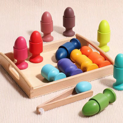 Montessori wooden eggs and cups color matching set with tray and tongs for toddler fine motor and visual discrimination
