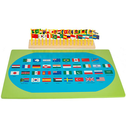 Montessori cultural geography world map showing country flags arranged by continent