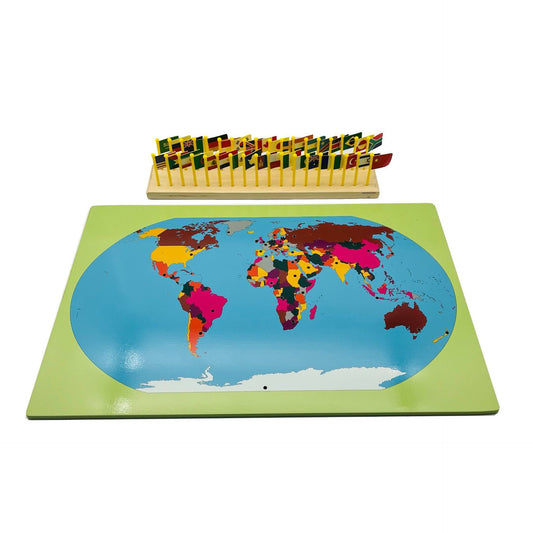 Montessori world map with country flags used for cultural geography and hands-on learning