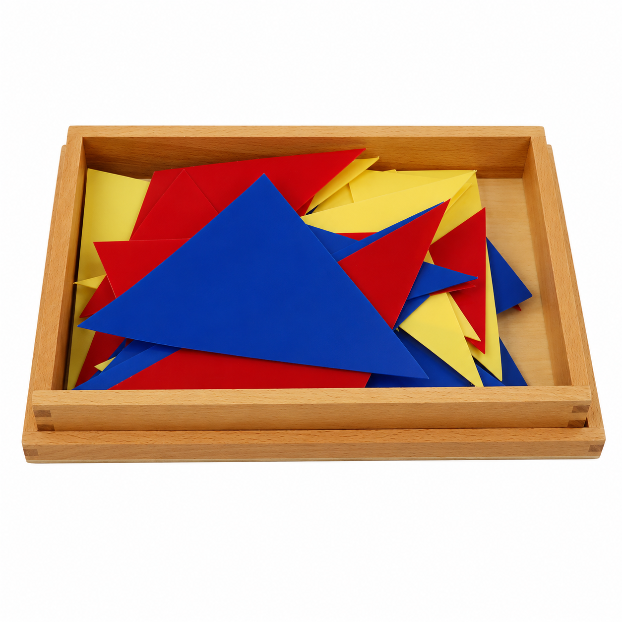 Educational wooden tray containing layered geometric triangle shapes in primary colors for learning activities.