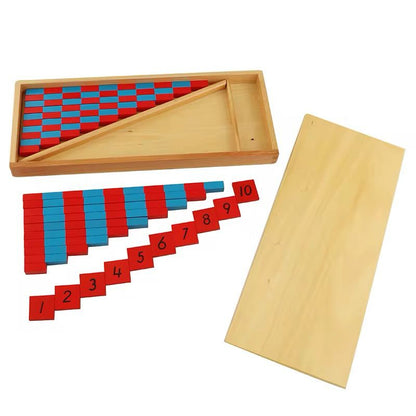 Montessori number rods arranged outside the wooden tray along with labeled number tiles from 1 to 10.